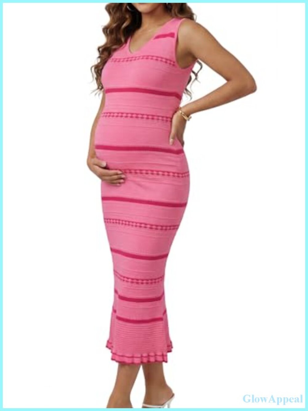 Maternity Bodycon Midi Dress V-Neck Sleeveless Ruffled Hem Striped Stretchy